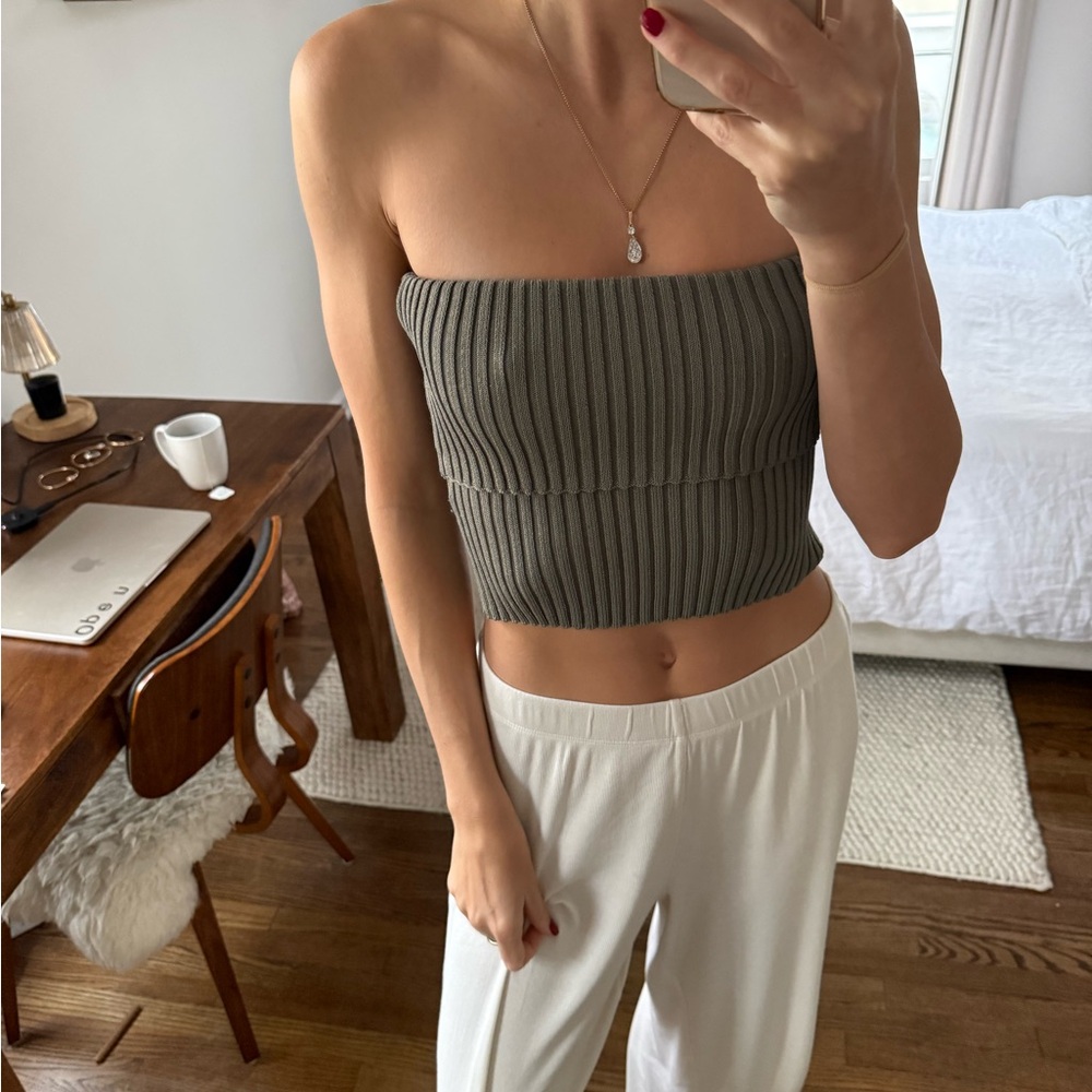 Zara Ribbed Sweater Strapless Tube Top — Olive Green Small